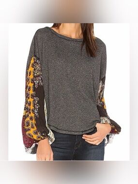 Free People Blossom Thermal in Grey with Contrasting patchwork Sleeves